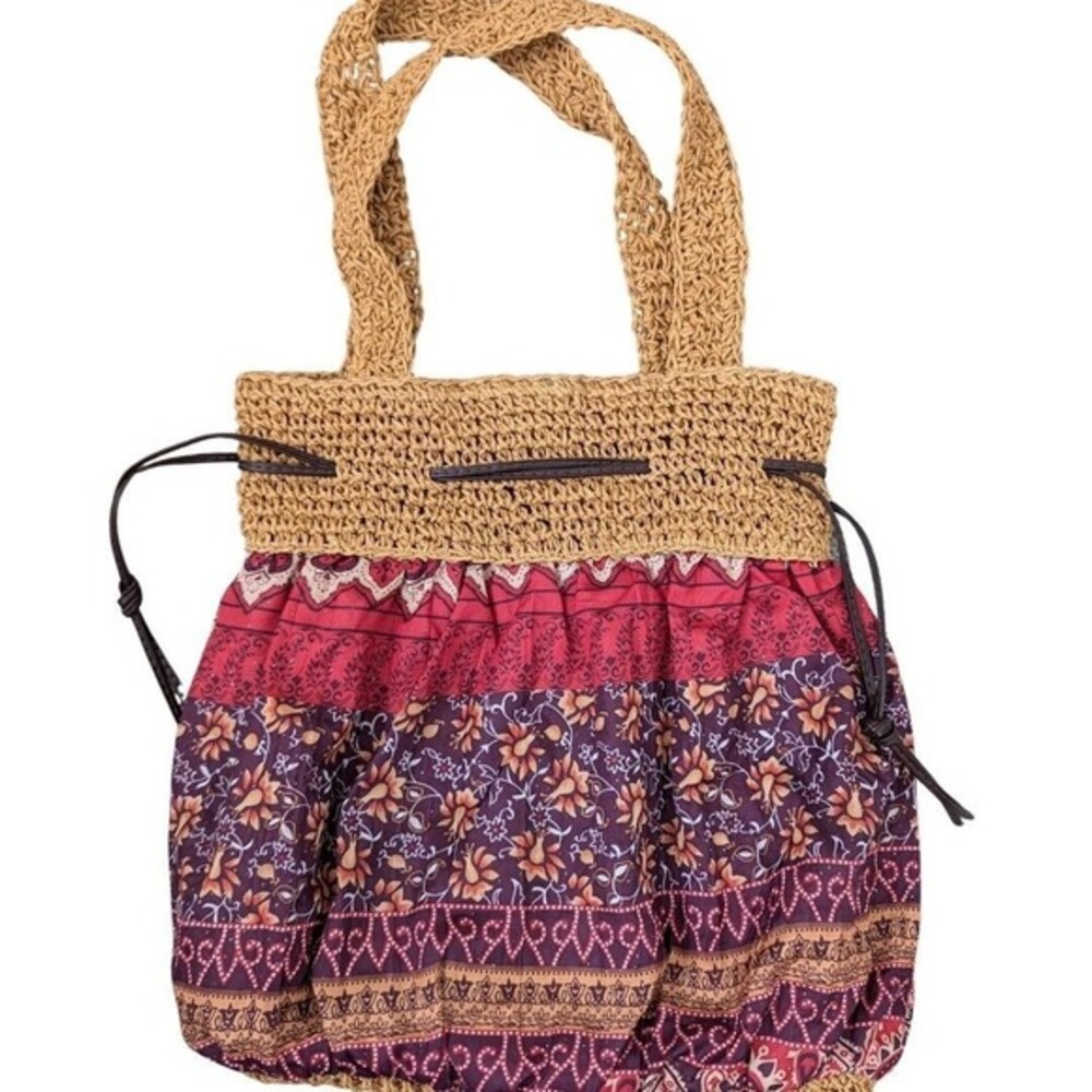 Boho Tote Shoulder Cinch Bag‎ Drawstring Closure Woven Straw Geometric Pattern - Picture 14 of 14